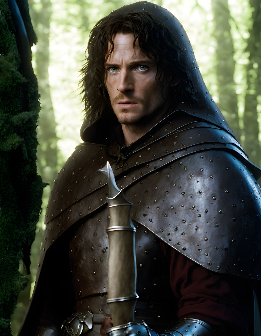 Medieval fantasy male warrior in leather armor with sword in mystical forest.