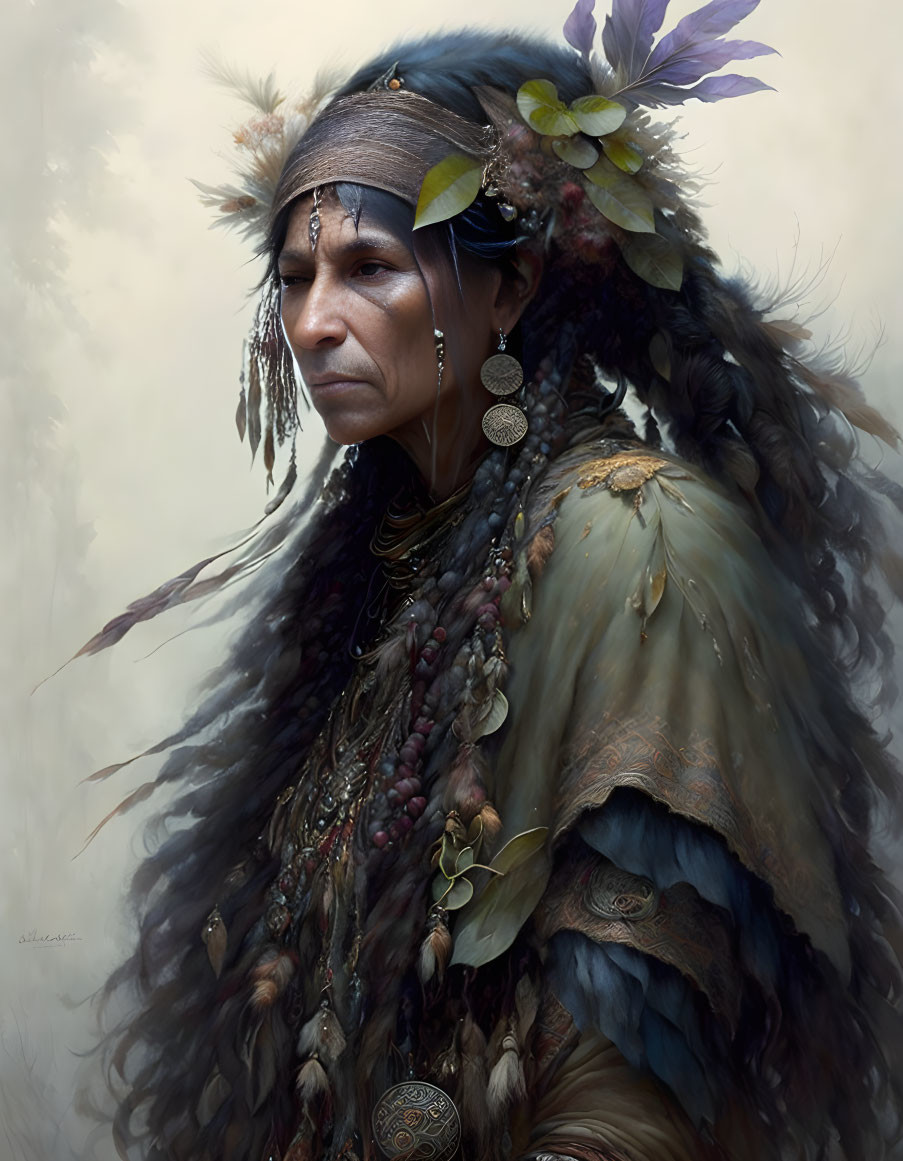 Portrait of a person in Native American regalia with feathers and beads