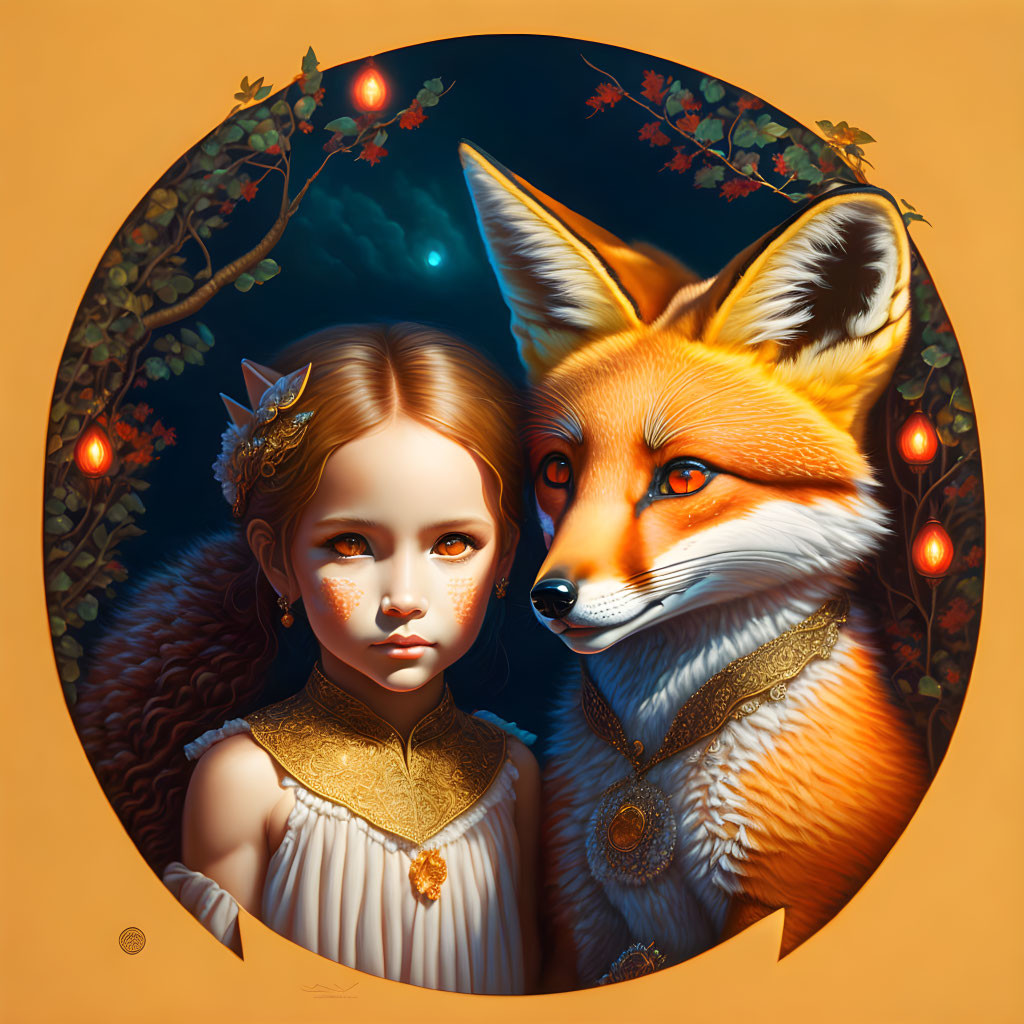 Young girl and fox in ornate attire against moody sky and autumn backdrop