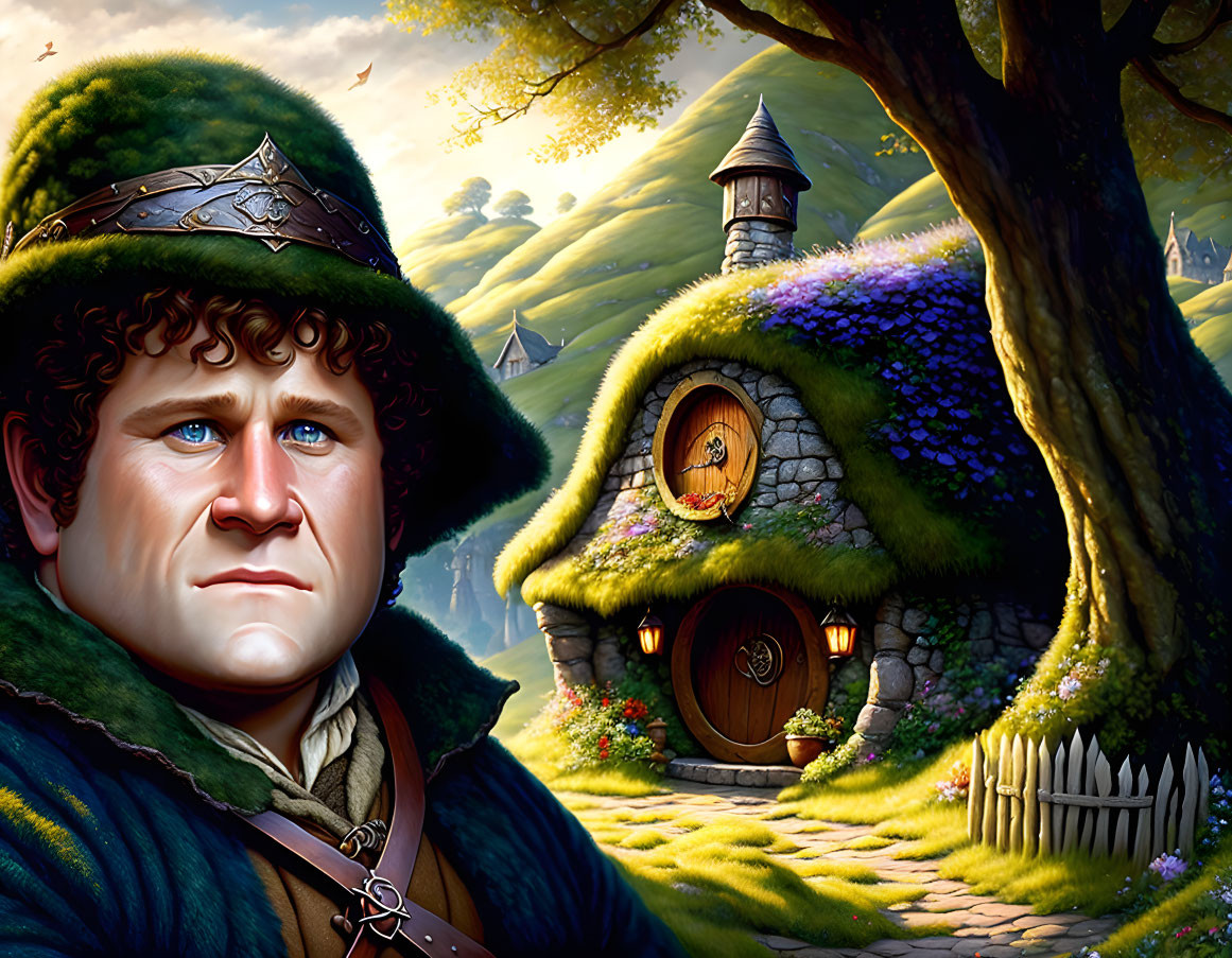 Hobbit standing near round door of hillside house in lush greenery