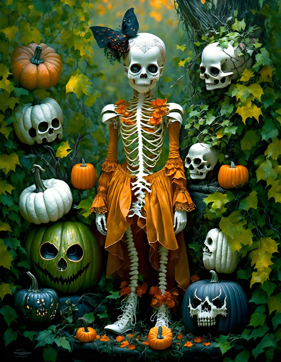 Skeleton-themed costume with skull mask among pumpkins, skulls, foliage, and butterfly.