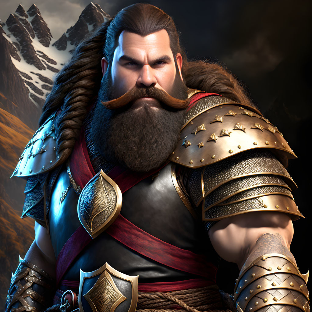 Bearded warrior in intricate armor against mountain backdrop