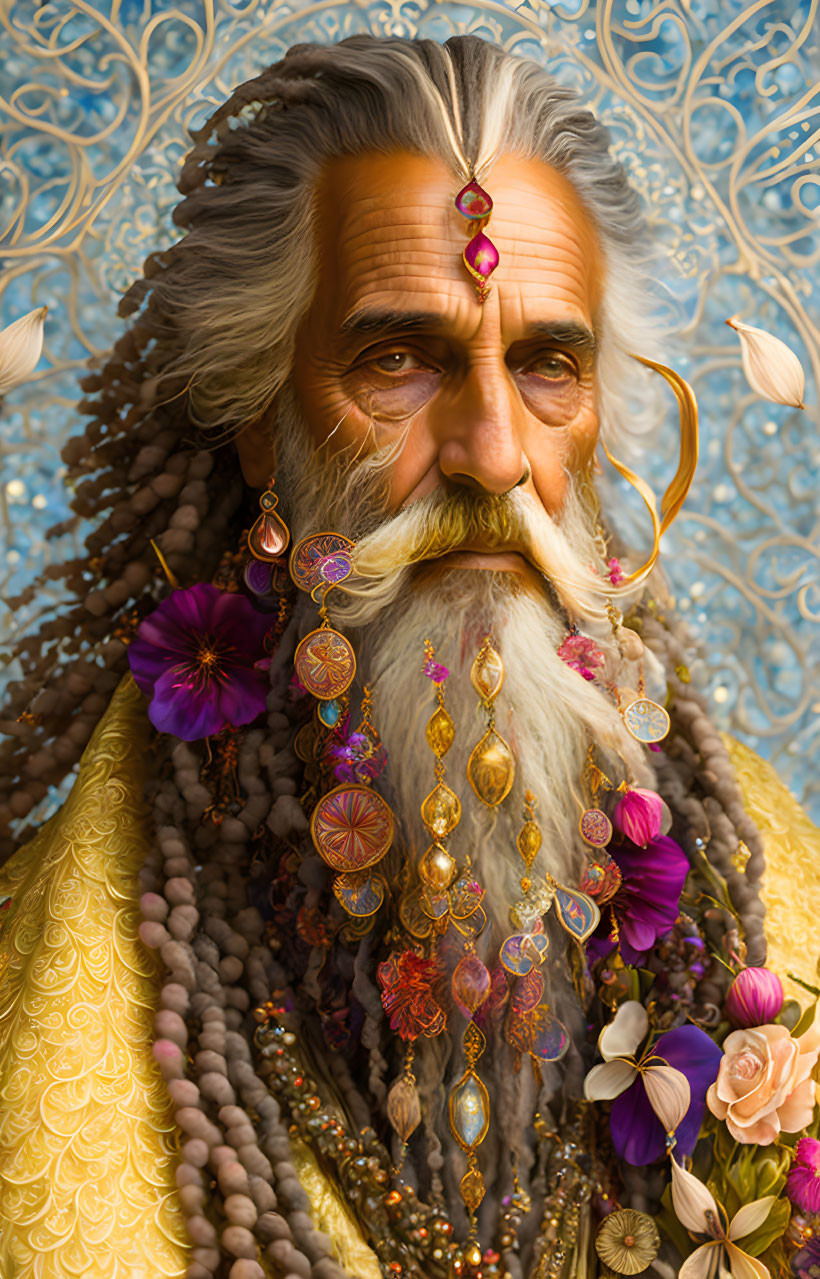 Elderly man in jeweled beard and golden robe on ornate background