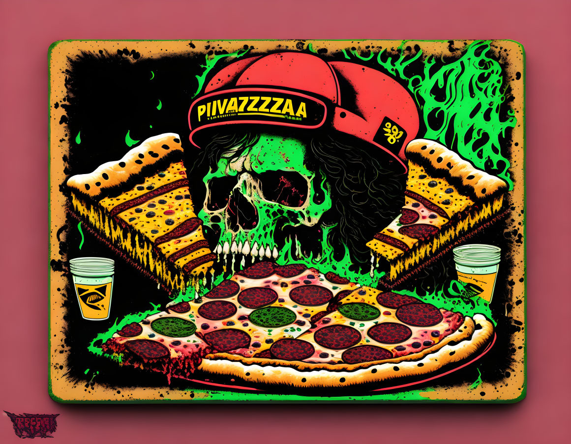 Skeletal pizza delivery person surrounded by pizza slices and drinks