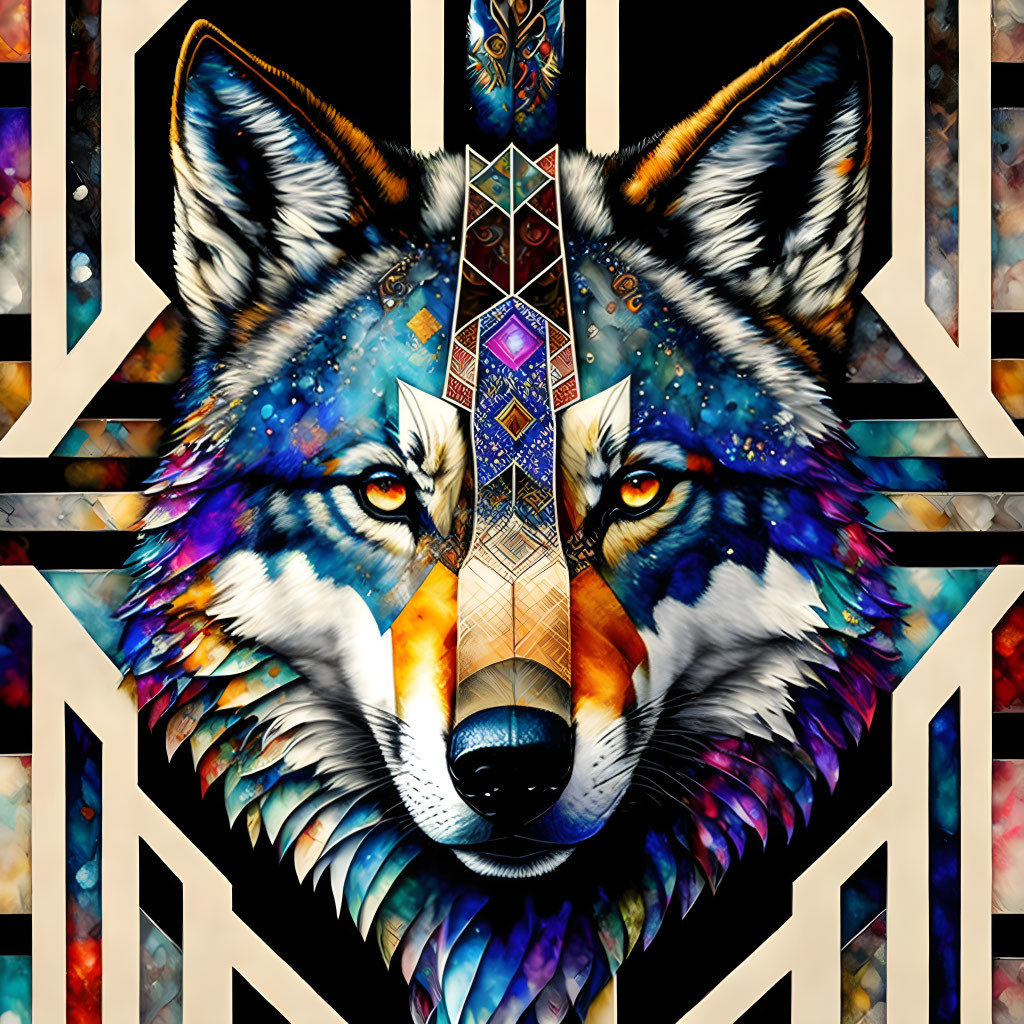 Symmetrical wolf graphic with colorful mosaic details