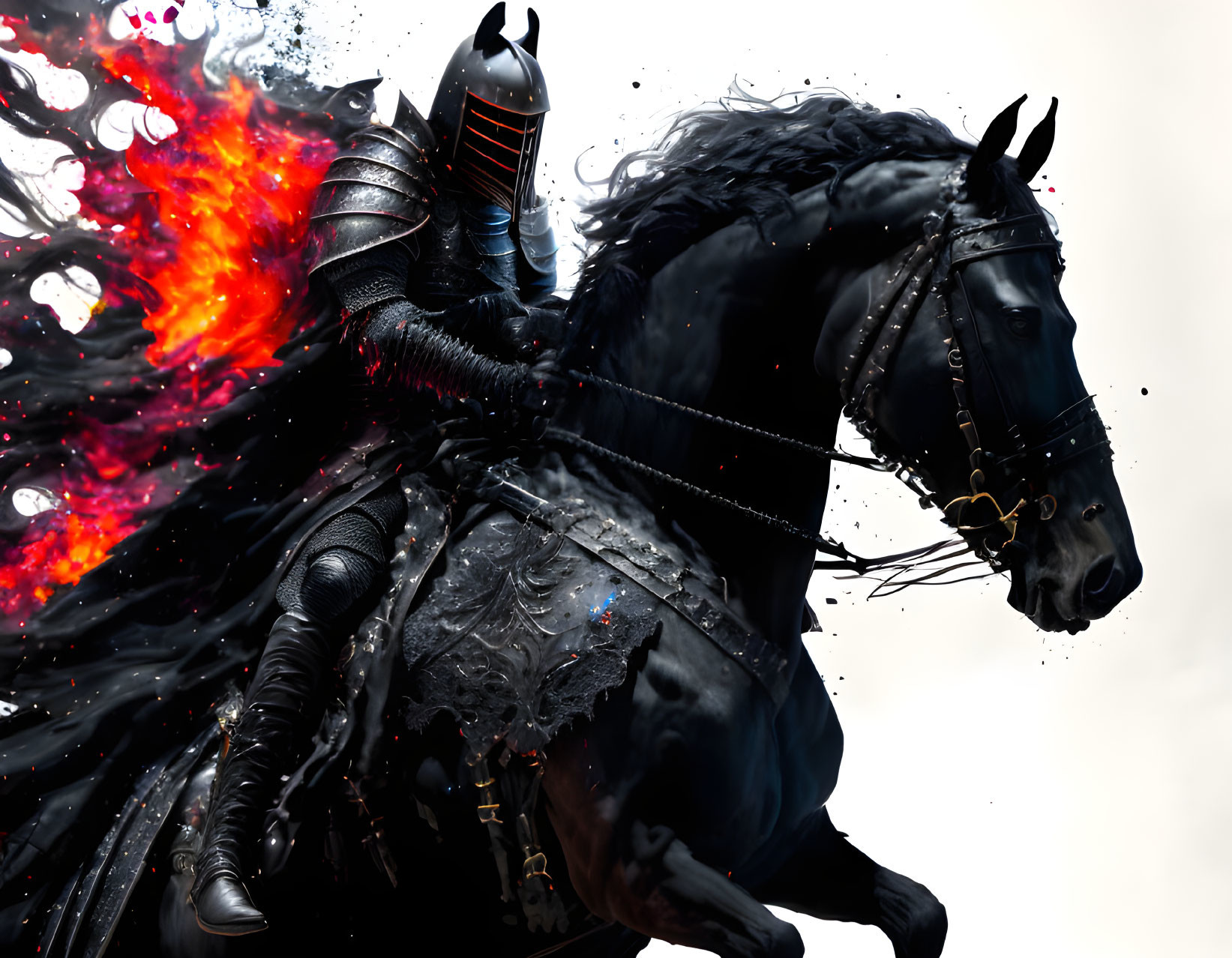 Black-armored knight on black horse with flaming mane against white background