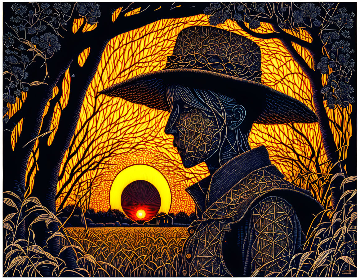 Illustration of person in wide-brimmed hat against vibrant sunset & intricate foliage.