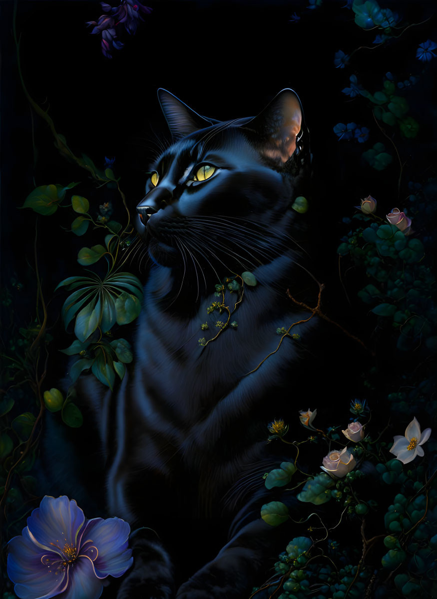 Black cat with glowing eyes in intricate floral setting on dark background