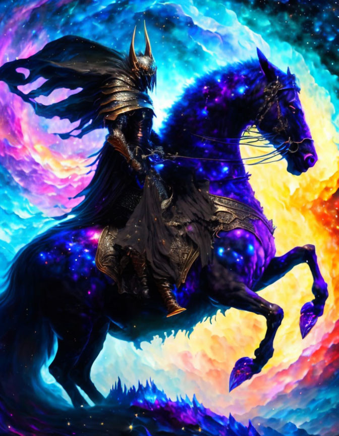 Knight in dark armor on majestic black horse in vibrant cosmic scene