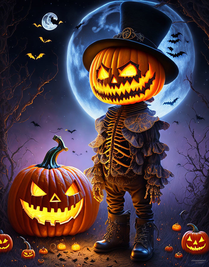 Illustration of anthropomorphic pumpkin figure in Halloween costume with jack-o'-lanterns and bats under