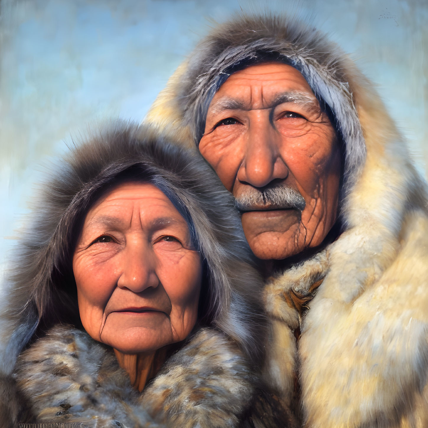 Elderly couple in traditional fur-lined parkas against pale blue background