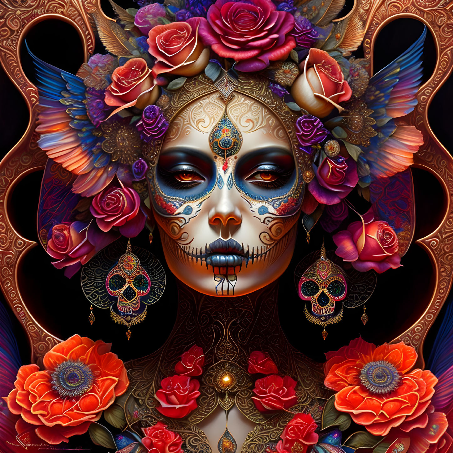 Colorful Skull Art with Floral Motifs and Ornate Patterns