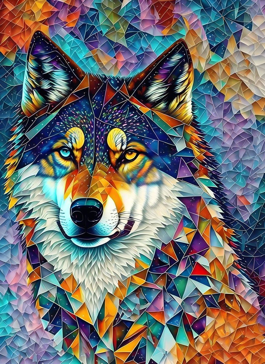 Colorful Geometric Wolf Illustration with Multicolored Triangle Mosaic