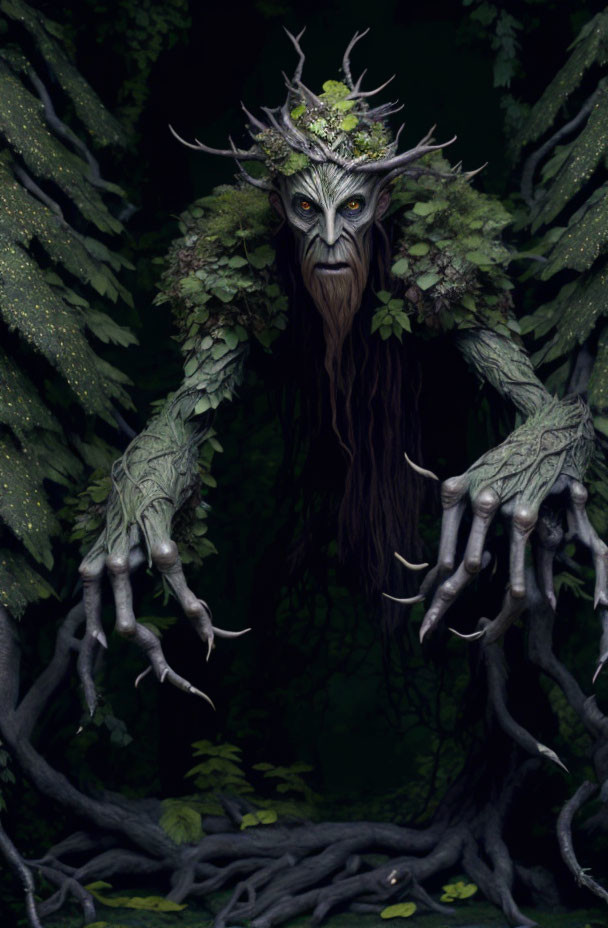 Gnarled fantasy creature with green foliage in dark forest