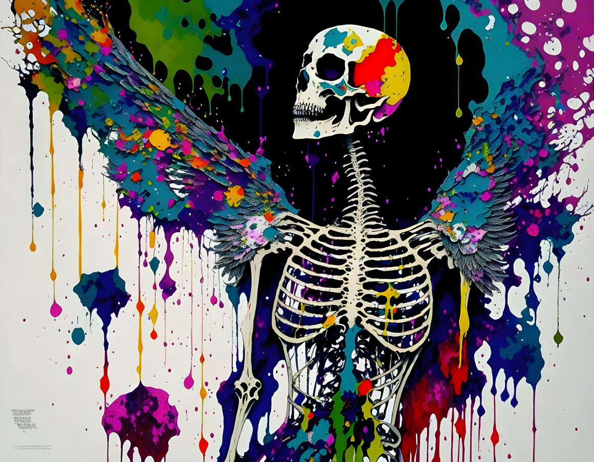 Colorful Human Skeleton with Wings and Paint Splattered Skull on White Background