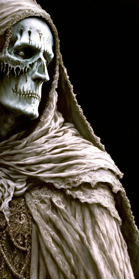 Skeletal face figure in textured draped cloak with ornate details