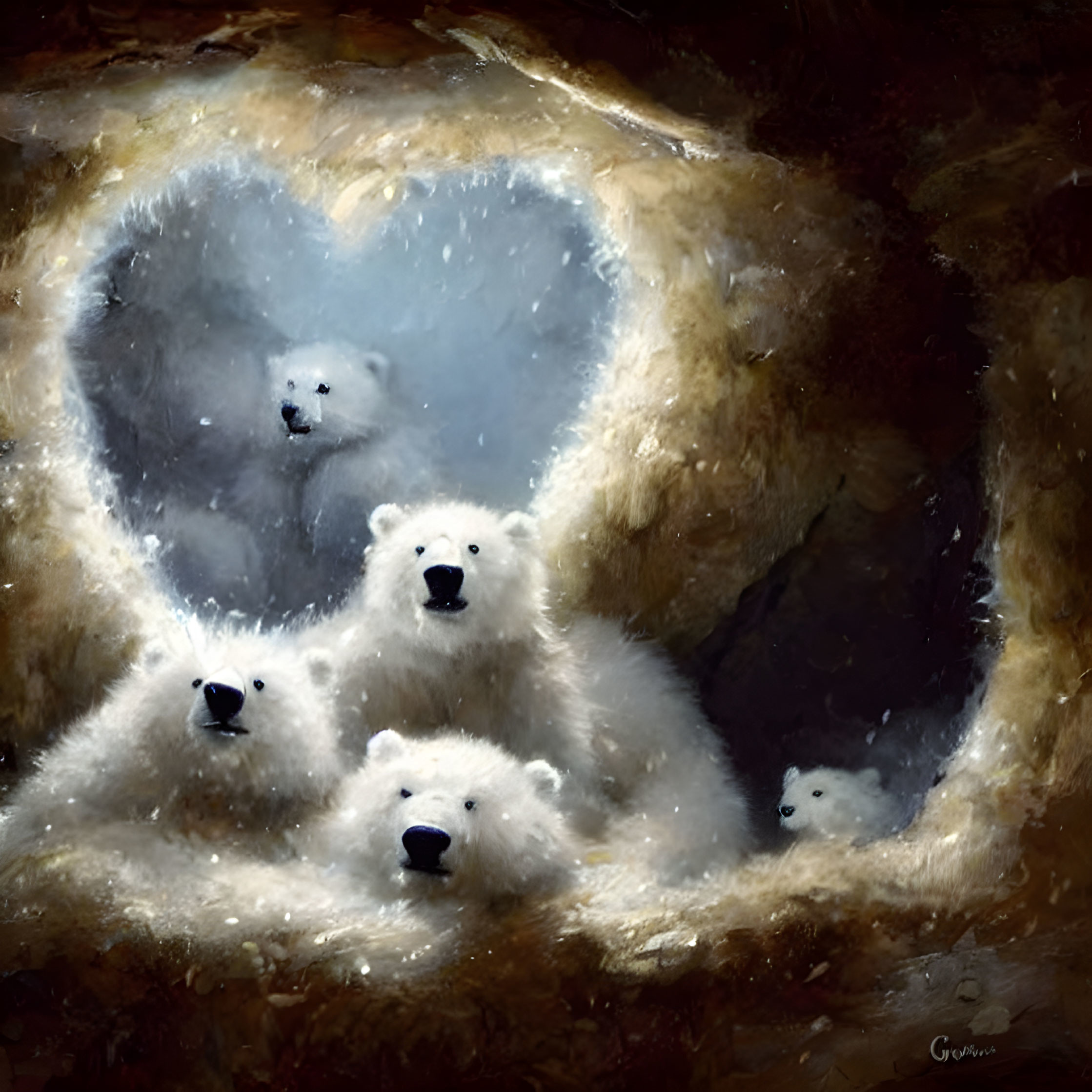 Illustration: Five polar bears in heart-shaped cave with warm lighting.