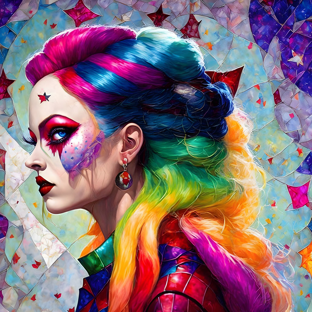 Colorful digital artwork: Woman with rainbow hair, star makeup, mosaic background