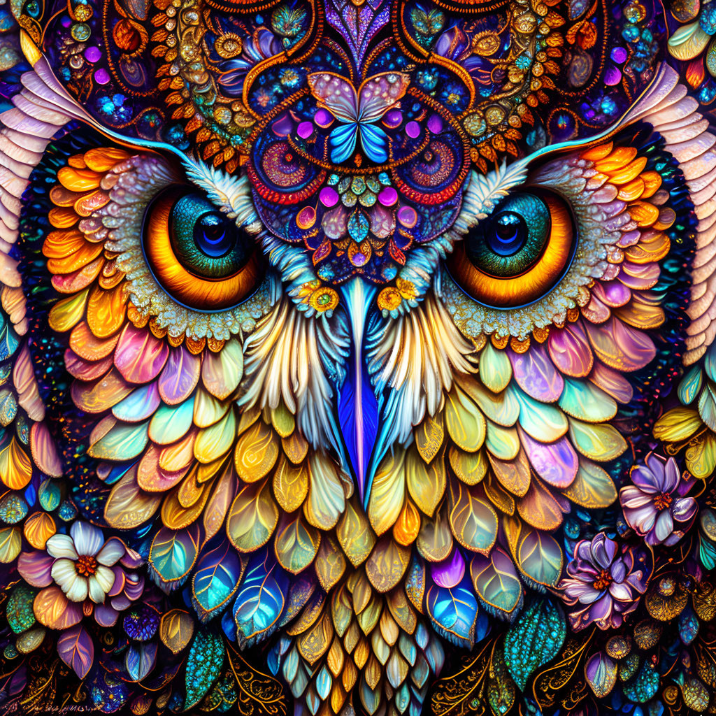 Detailed illustration of vibrant owl with intricate patterns and captivating orange eyes