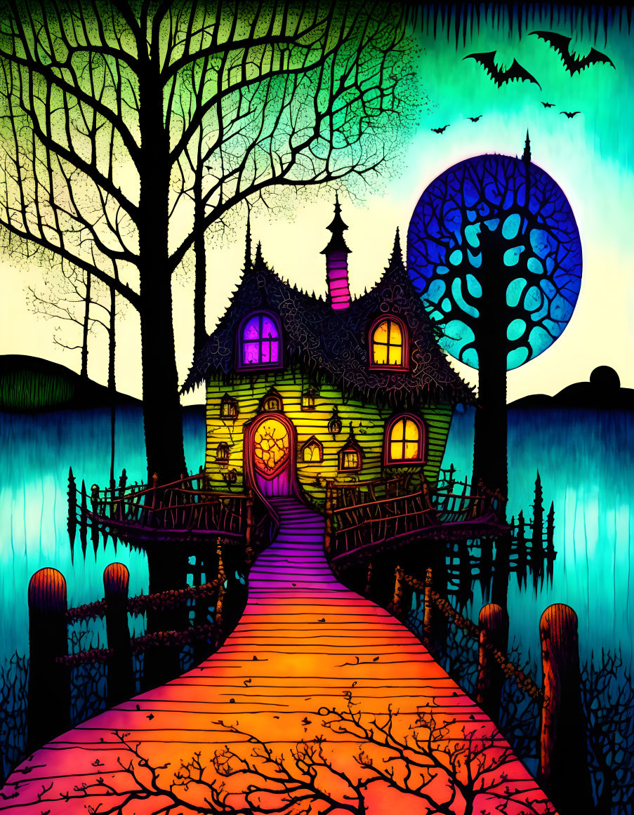 Whimsical haunted house illustration with glowing entrance at twilight