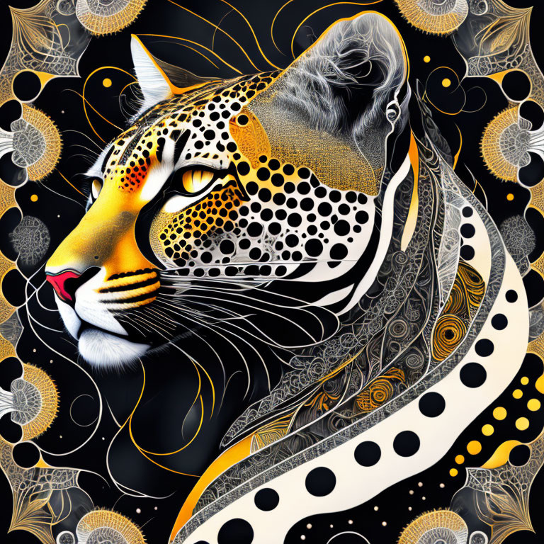 Stylized black and gold leopard illustration on decorative background