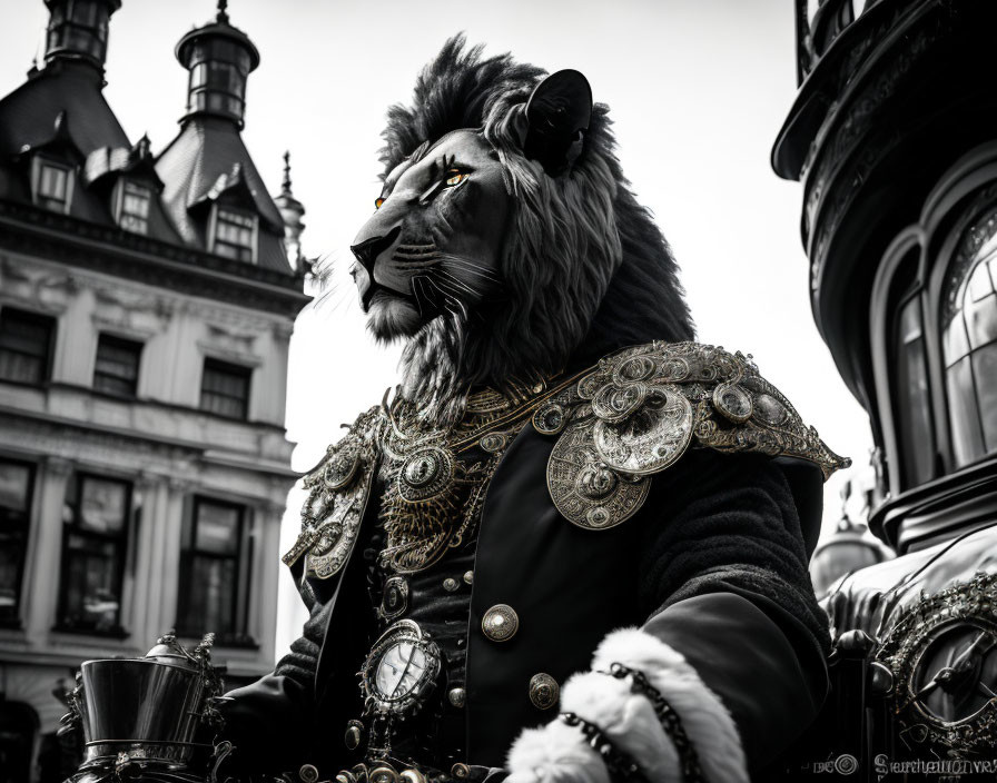 Monochrome photo of lion in military attire against European architecture