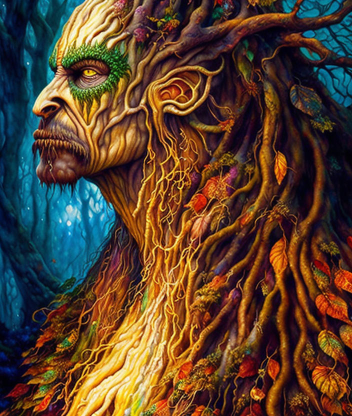 Tree-like creature with human features in mystical forest landscape