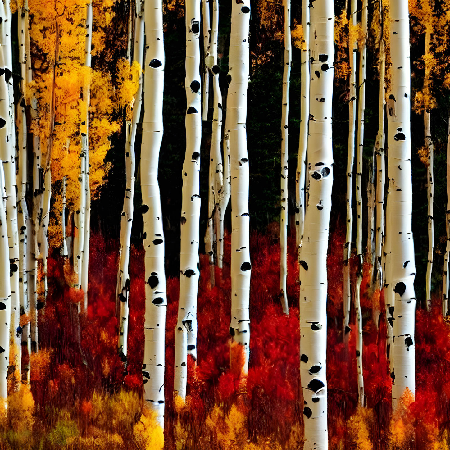 Vibrant fall colors in dense aspen grove with white bark and red underbrush