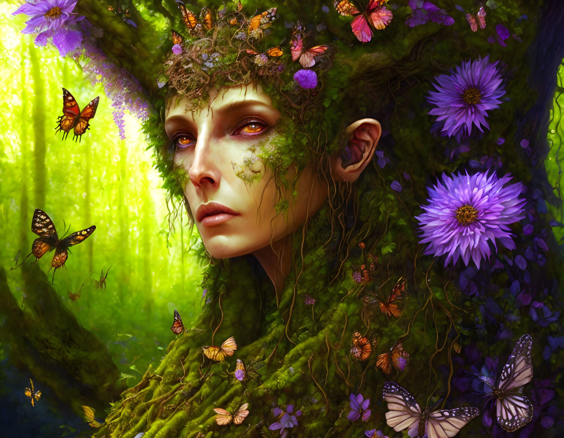 Mystical forest creature with tree-like features and purple flowers