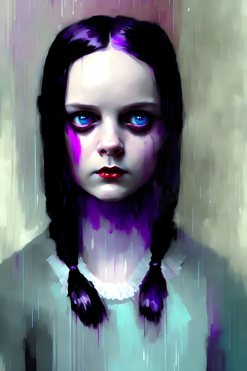 Digital painting: Girl with dark hair, braids, pale skin, blue eyes, purple streaks