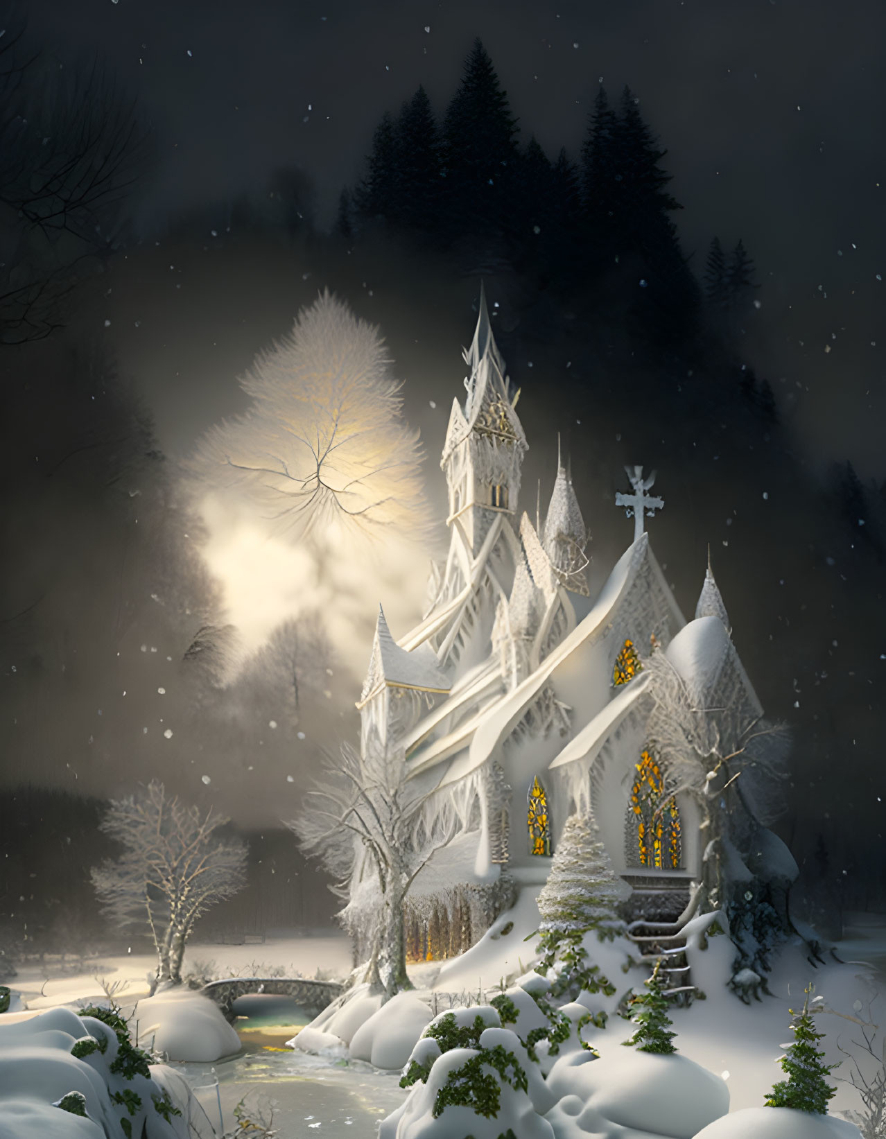 Snowy Gothic chapel, pine trees, river under moonlit sky