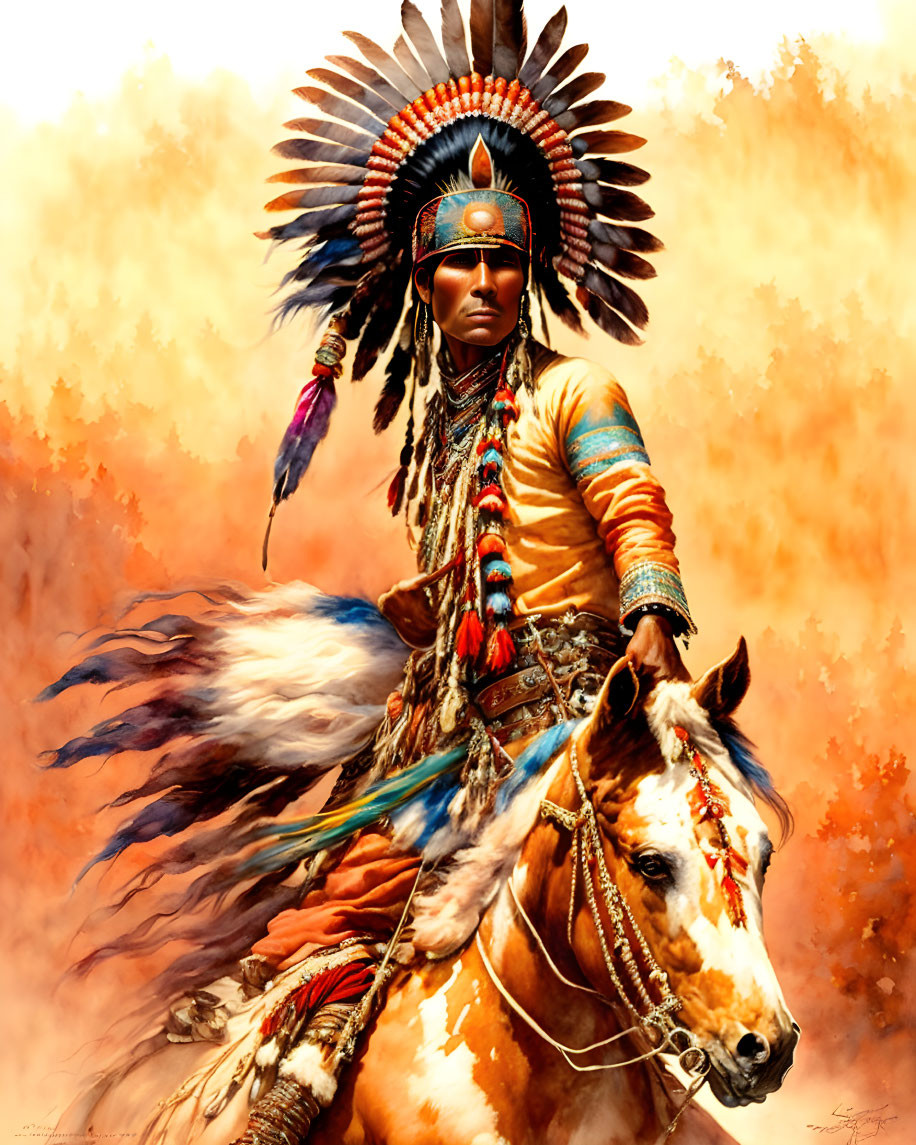 Native American individual on painted horse against warm backdrop