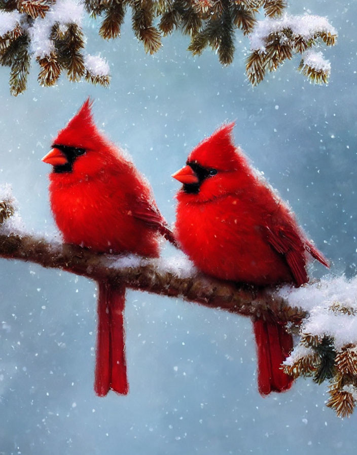 Red cardinals on snowy branch with falling snowflakes & evergreen foliage