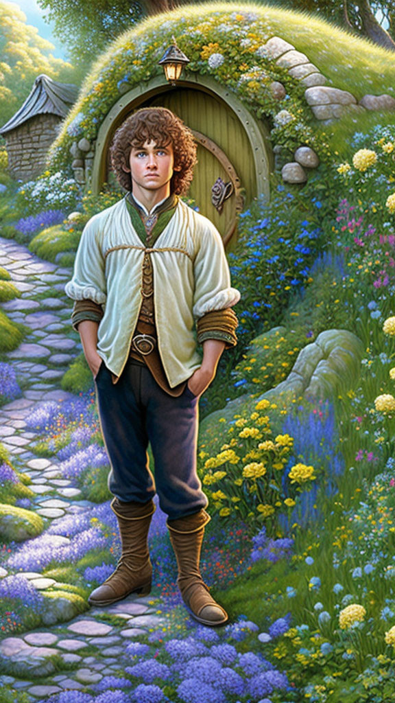 Young hobbit at rounded door of hillside home with lantern amid lush greenery