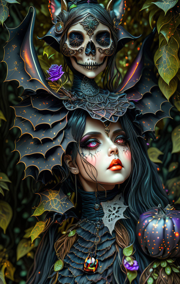 Fantasy illustration of woman with skull face painting and bat wings