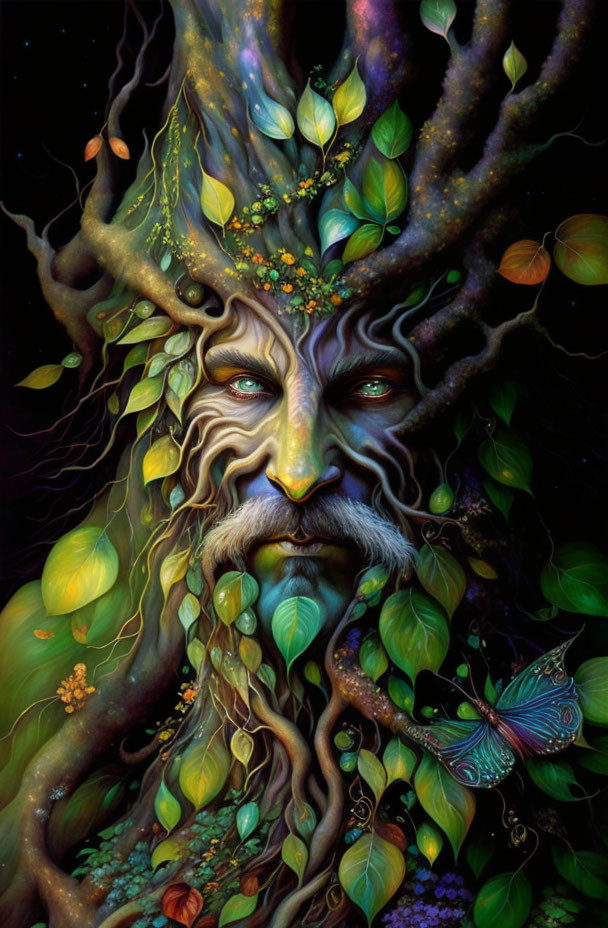 Colorful artwork featuring tree with human-like face, adorned with leaves and butterfly.