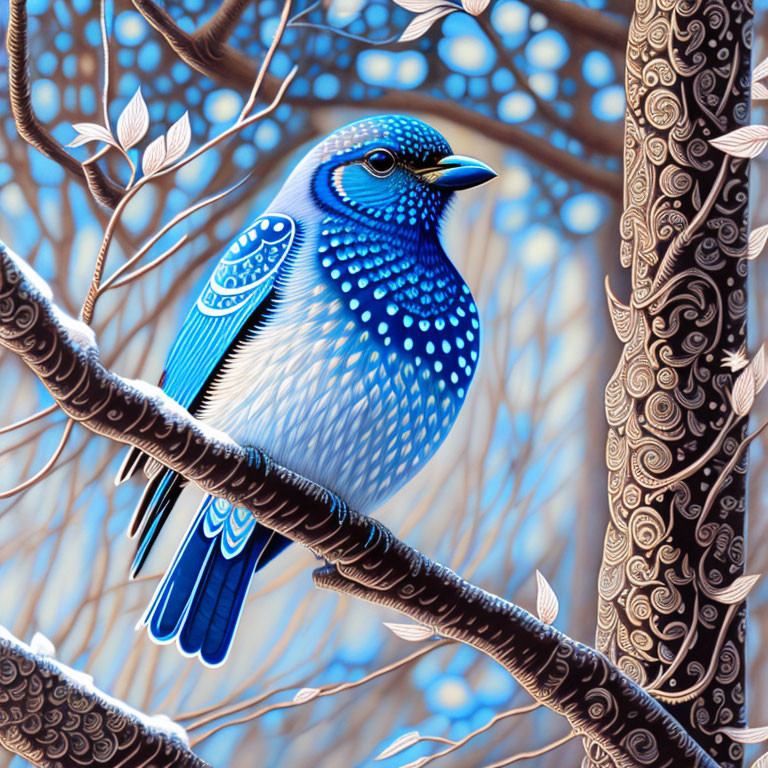 Intricate blue stylized bird on branch with foliage