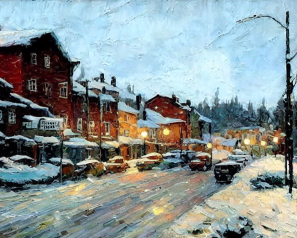 Snowy Street at Dusk: Serene Winter Scene with Illuminated Buildings