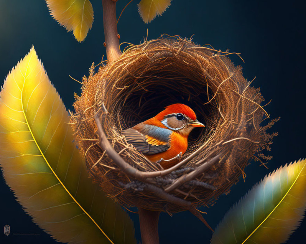Colorful bird in orange plumage nesting among green leaves on dark background