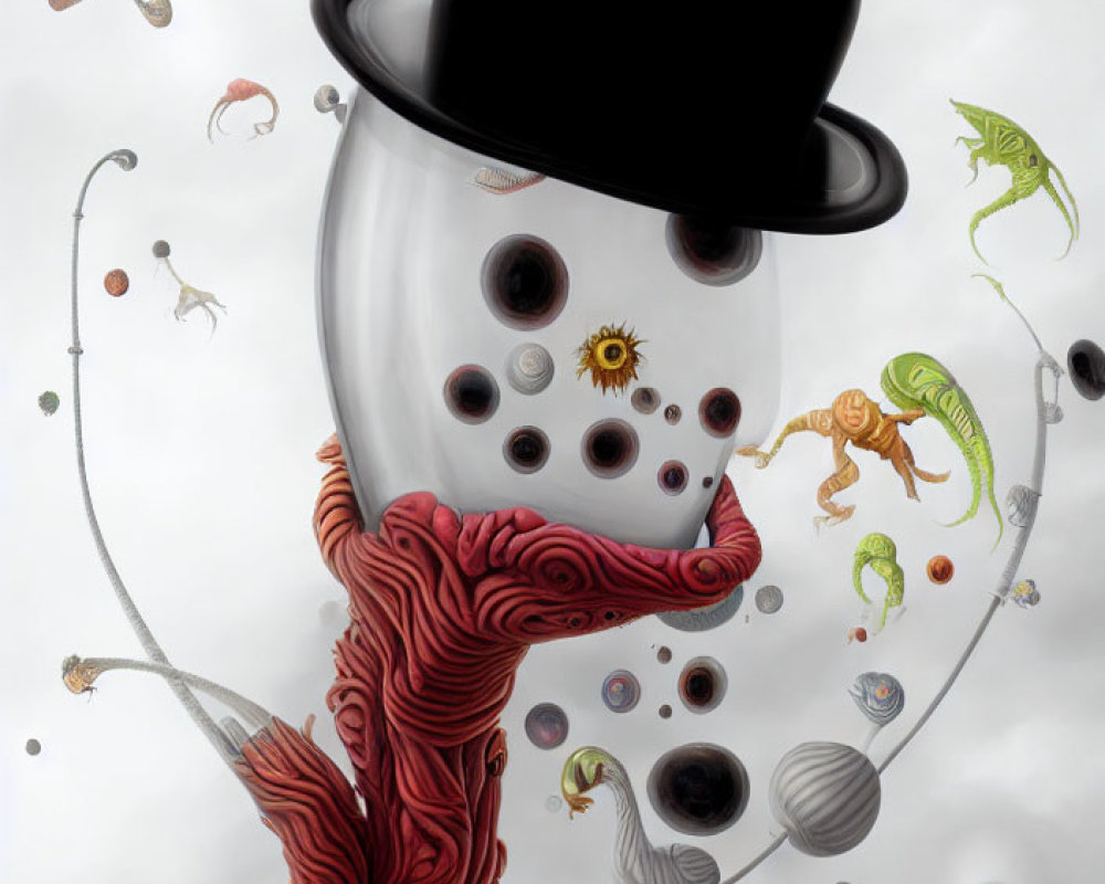 Transparent Figure with Oversized Top Hat and Whimsical Creatures