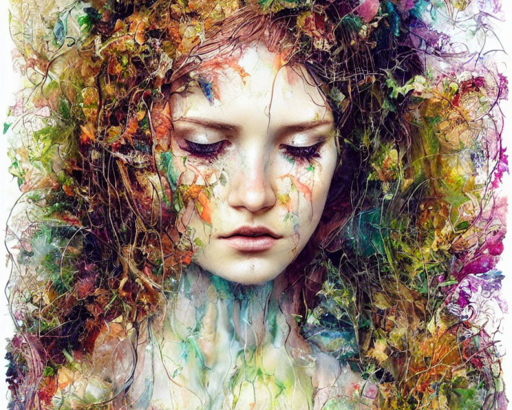 Colorful Foliage and Paint-like Textures Merge in Woman's Portrait