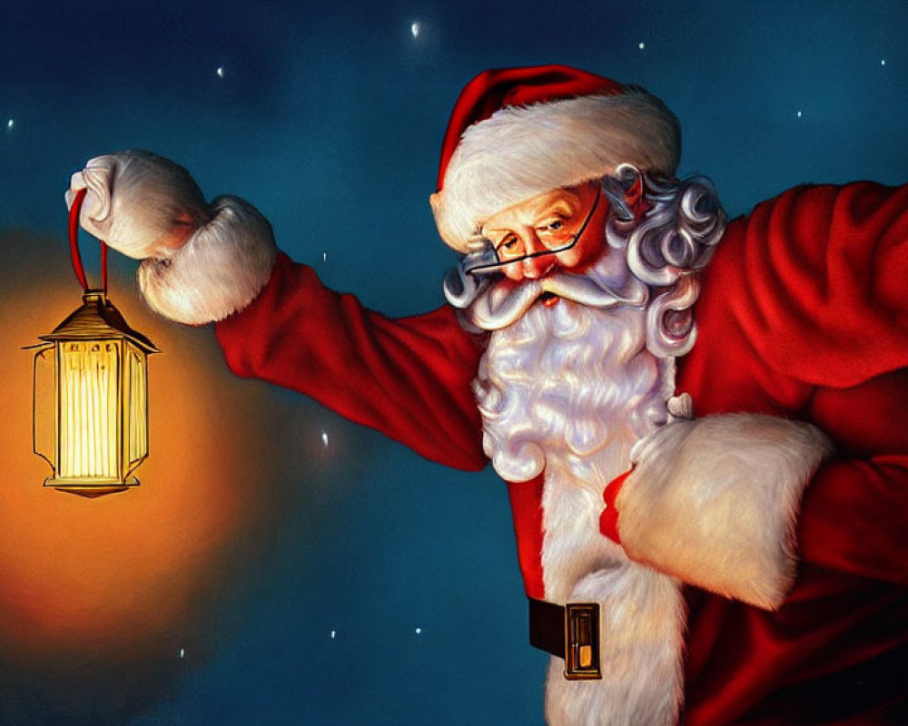 Santa Claus in Red Suit with Lantern Under Starry Night Sky