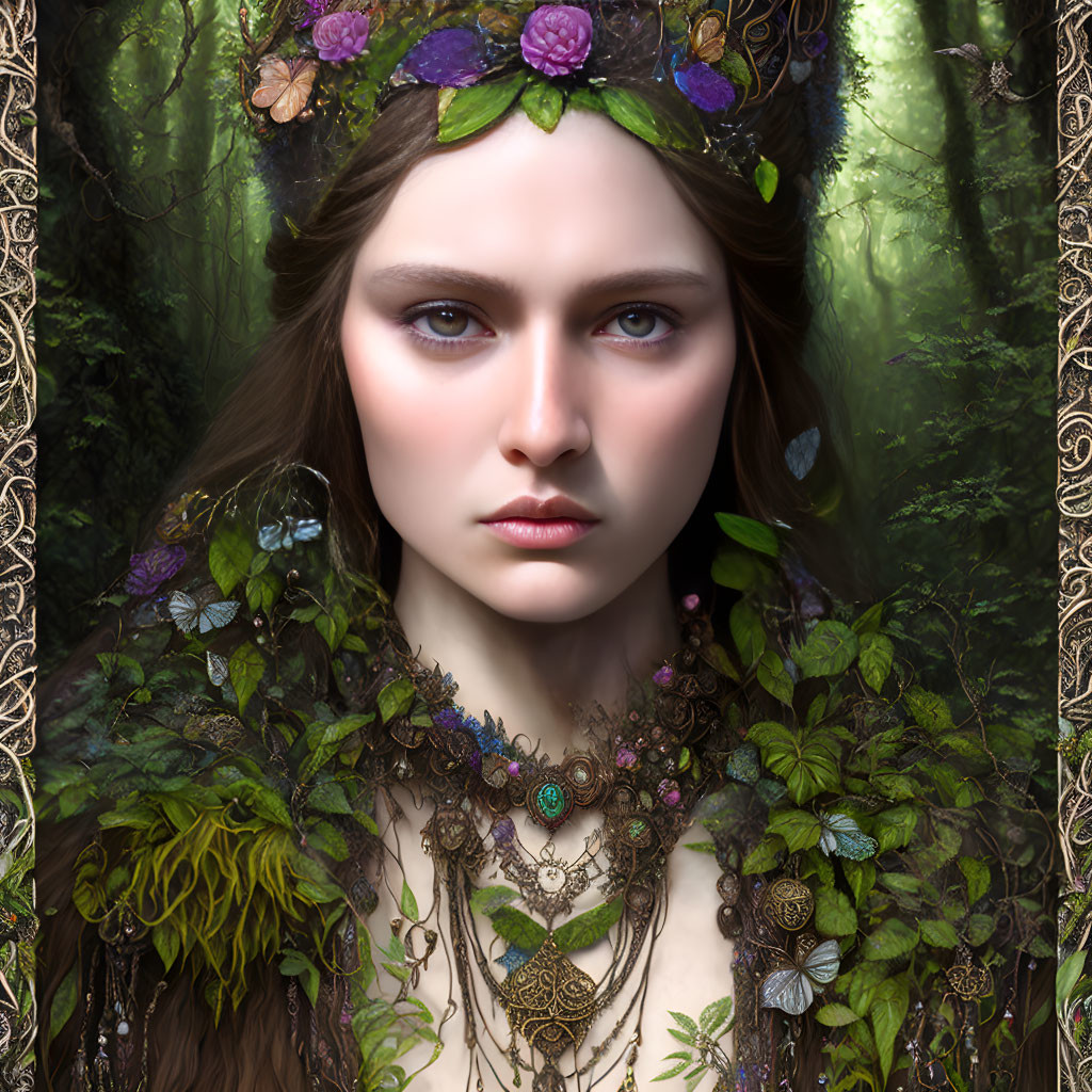 Woman portrait with nature-inspired floral crown, leaves, and butterfly in mystical forest.