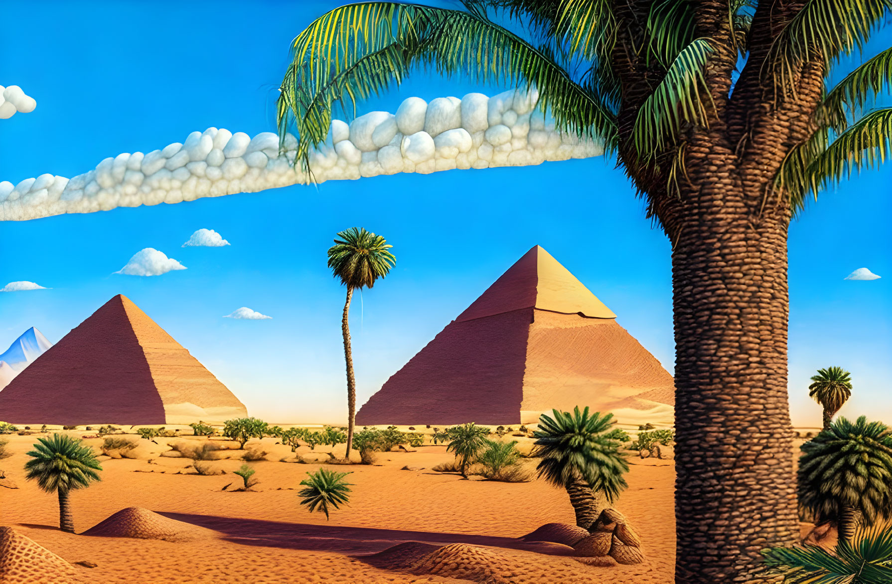 Great Pyramids of Giza in Desert Landscape with Palm Trees and Dunes