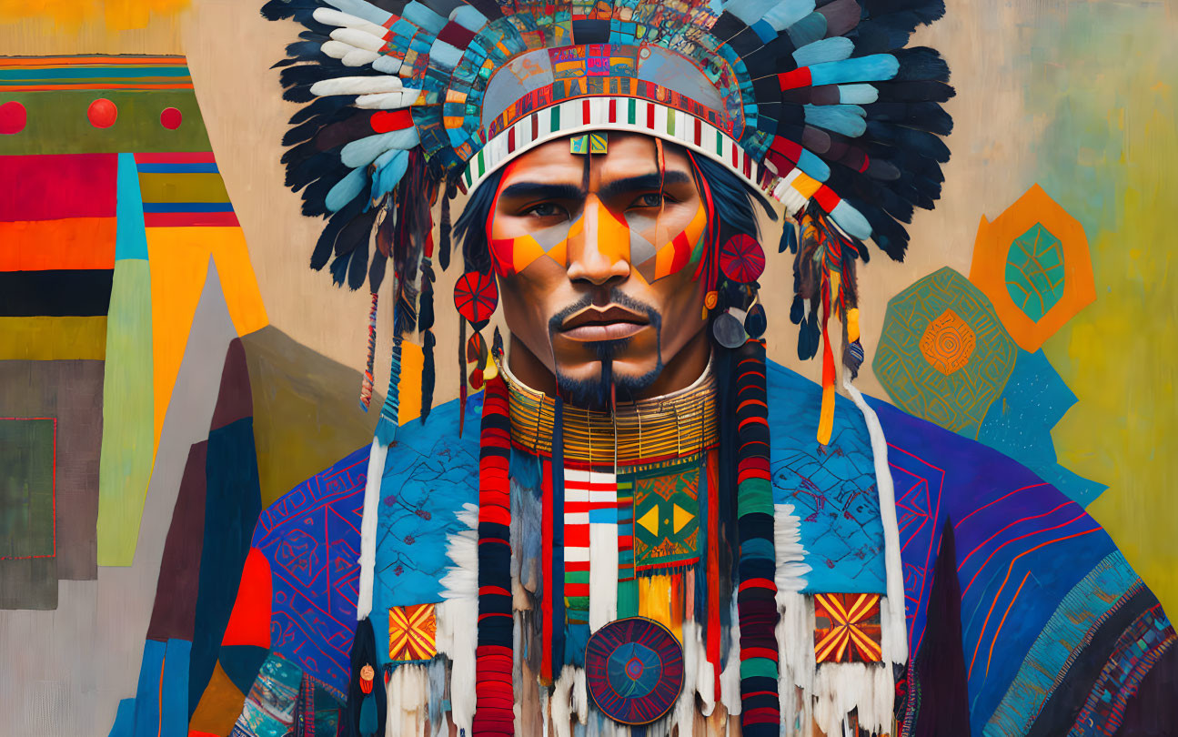 Native American man in traditional attire against colorful geometric background