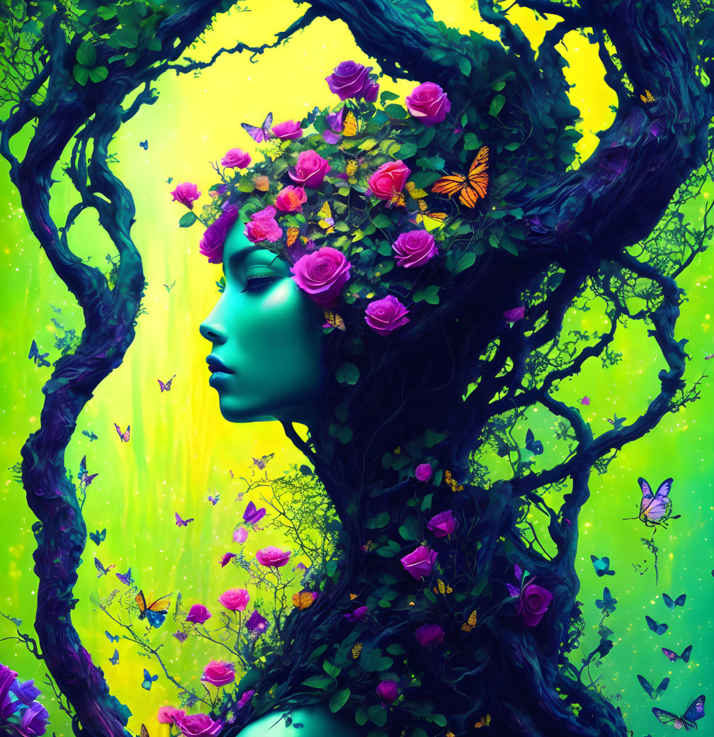 Colorful illustration: Woman with tree branch hair, pink roses, butterflies on bright yellow-green background