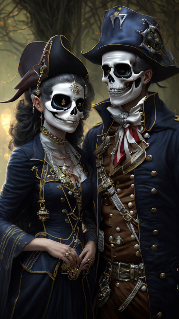 Pirate-themed duo in skull makeup and tricorn hats in foggy forest