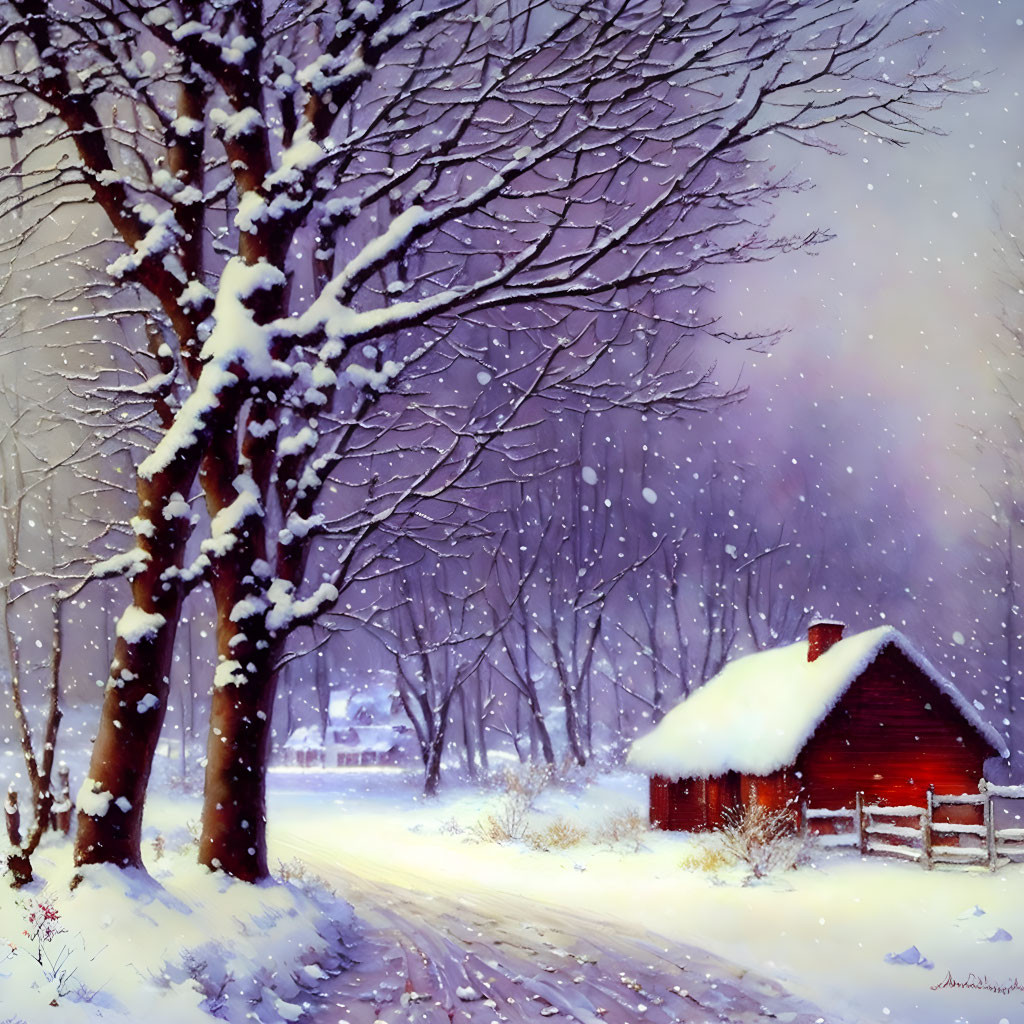 Snowy Winter Landscape with Red Cabin and Purple Sky