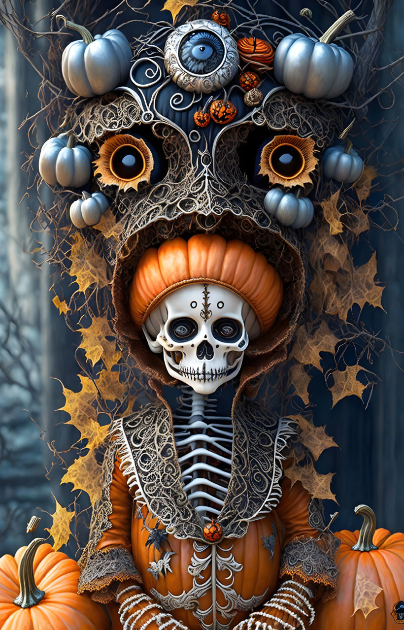 Skeleton with Pumpkin Head Surrounded by Autumn Leaves and Multiple Eyes