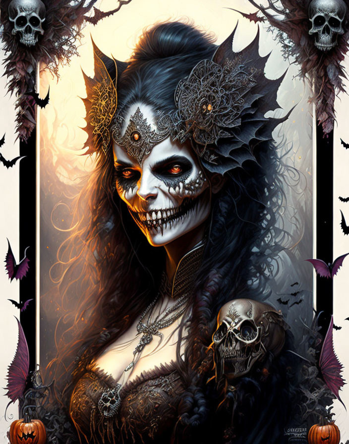 Gothic Halloween-themed artwork featuring a skull-faced figure with bats, pumpkins, and skulls